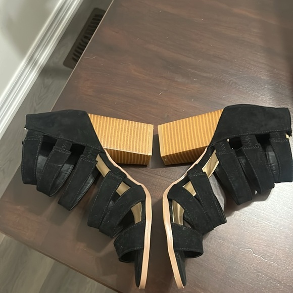 Just Fab Microfibre Strappy Open Toe Chunky Wooden Heels Sandals Black Size 8 - Picture 9 of 14